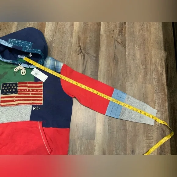 Polo Country Ralph Lauren Flag Patchwork Fleece Hoodie Multi Color Mens Sz M